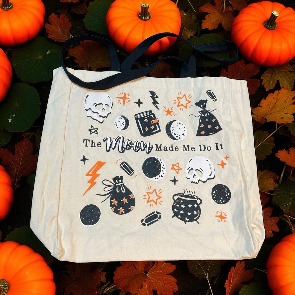 Spirit Halloween Tote Bag Moon Made Me Do It Canvas Cauldron Skull Witch Cream
